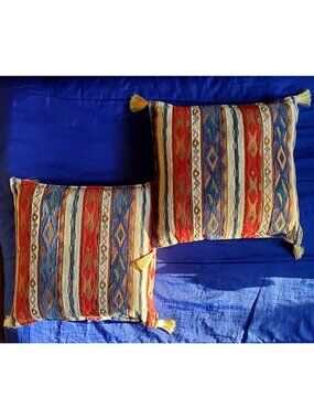 2 VTG NOS Boho Tribal Southwestern Velour Throw Pillow Zip Tassel Belize Aztec